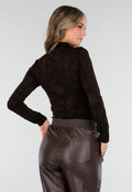 Zwarte Jacquard Top in Lange Mouw met Col en Stretch