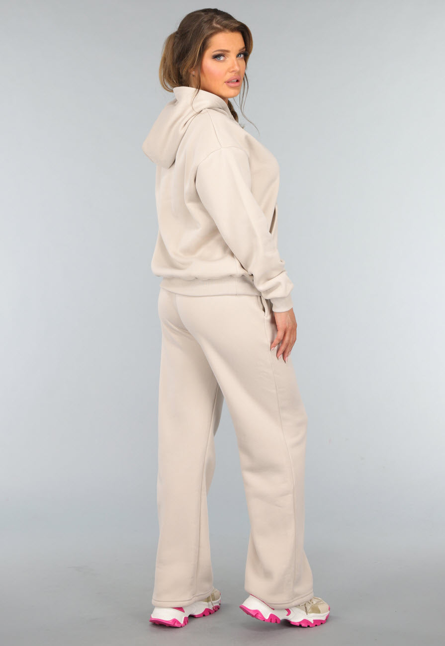 Beige Hoodie Set met Wijduitlopende Broek