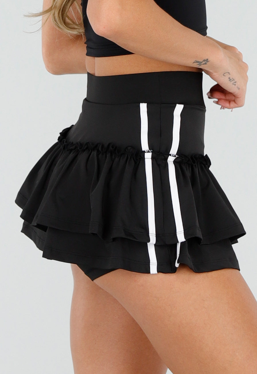 Zwarte Ruffle Rok met Contrasterende Bies en Hoge Taille