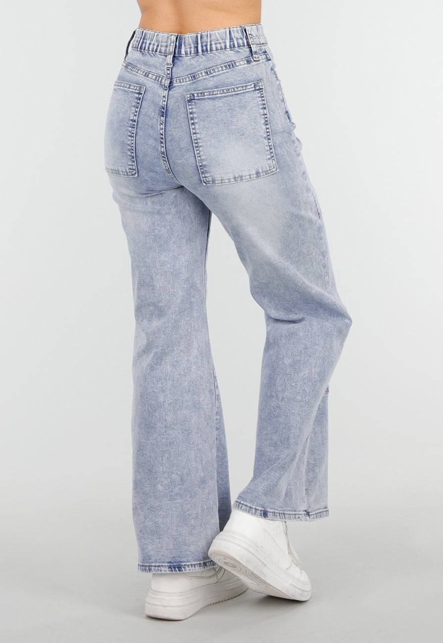 Lichtblauwe Denim Petite Wide Leg Jeans met Hoge Taille en Patch Details
