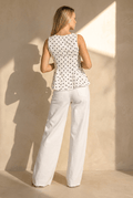 Witte Peplum Top met Zwarte Stippen en Ronde Hals