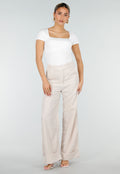 Beige Wide Leg Pantalon met Omslag en Steekzakken