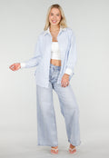 Lichtblauwe Gestreepte Blouse met Strass Steentjes en Lange Mouwen