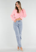 Roze Gebreide Twist Trui met V Hals en Open Rug