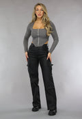 Grijze Rib Top met Lange Mouwen en Rits