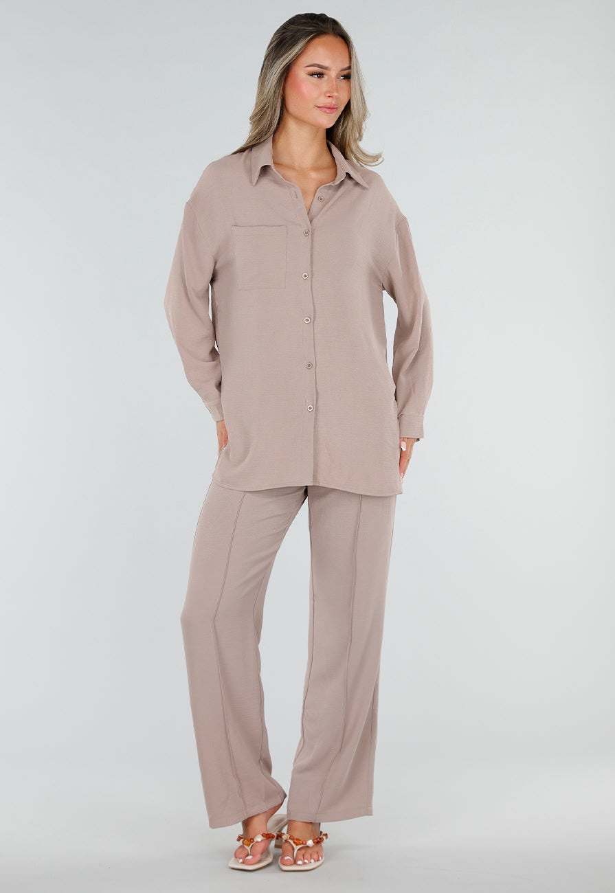 Beige Wide Leg Broek met Elastische Taille en Strikkoord