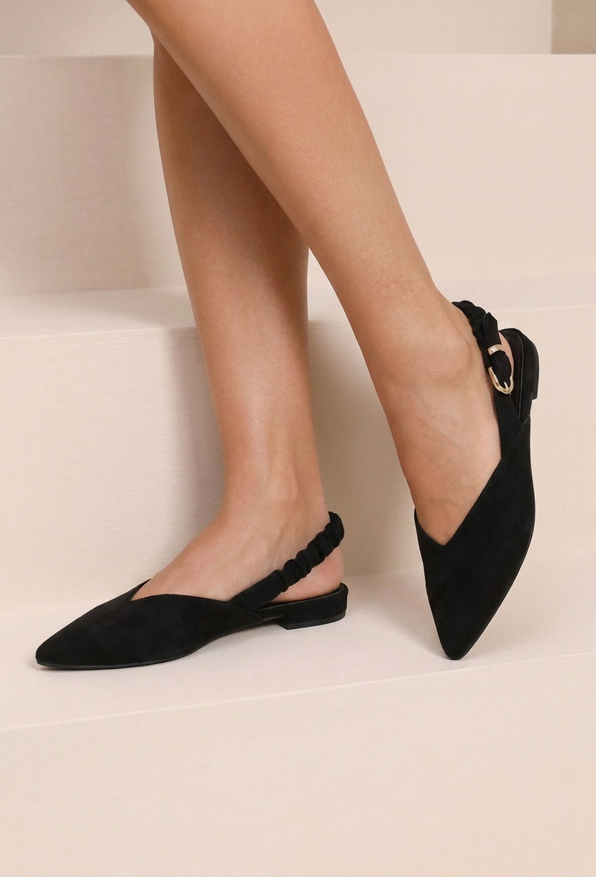 Zwarte Suèdelook Slingback Muiltjes met Puntneus en Gesp