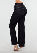 Donkerblauwe High Waist Overslag Wide Leg Jeans met Rechte Pijpen