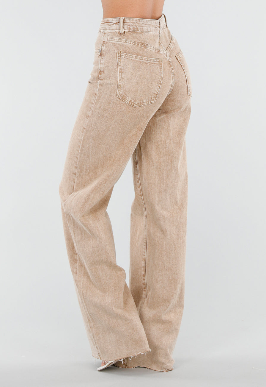 Beige Wide Leg Tall Denim Jeans met Wassing