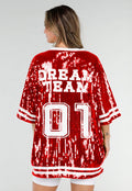 Rode Oversized Pailletten Jersey Top met V Hals