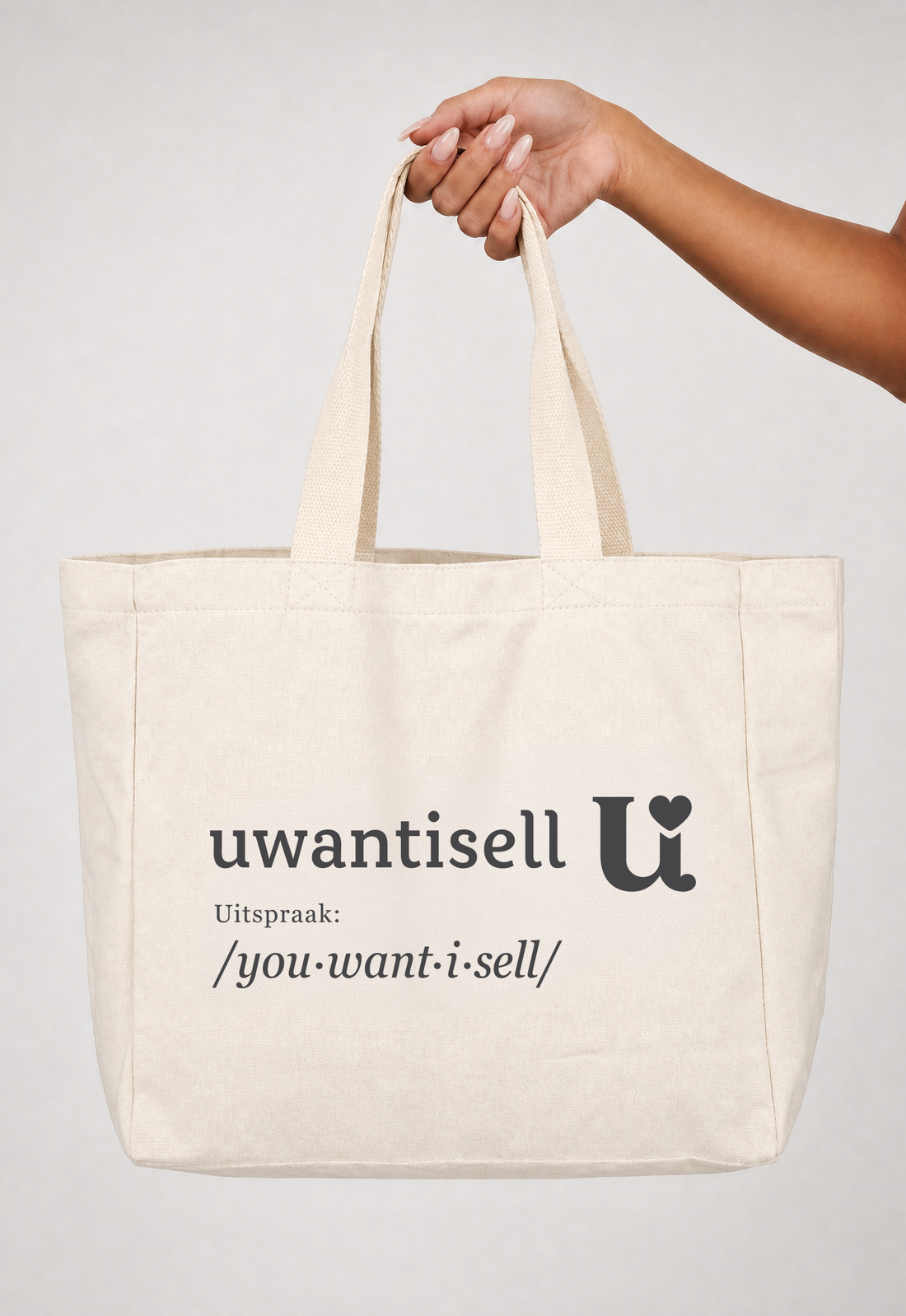 Uwantisell™ Crème Canvas Shopper met Dubbele Schouderhengsels en Opdruk