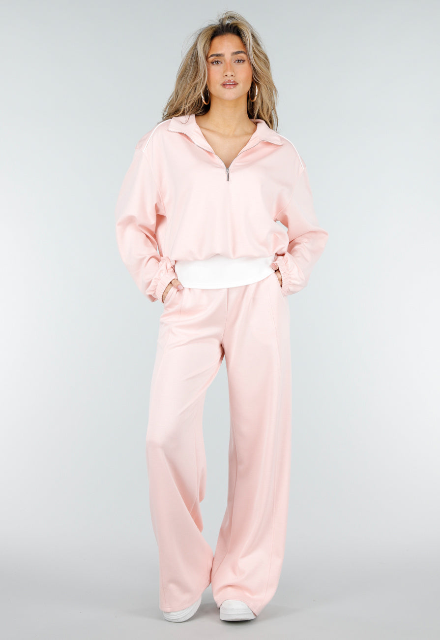 Lichtroze Sweater met Halve Rits en Elastische Boorden
