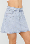 Lichtblauwe Denim Mini Rok met Studs en High Waist
