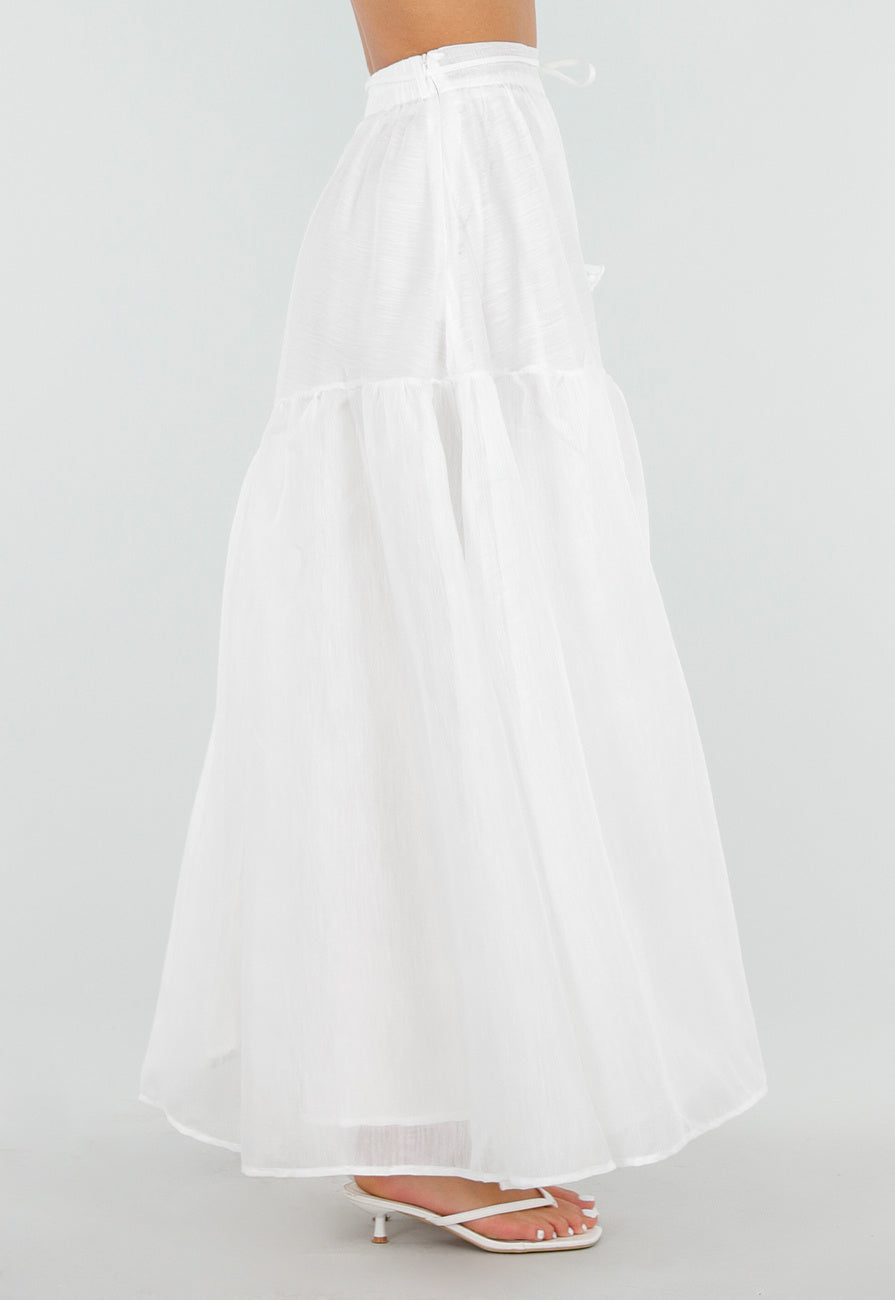 Witte Maxi Rok met Strikceintuur en Volant