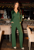 Groene Jumpsuit met Wijde Pijpen en Tailleband
