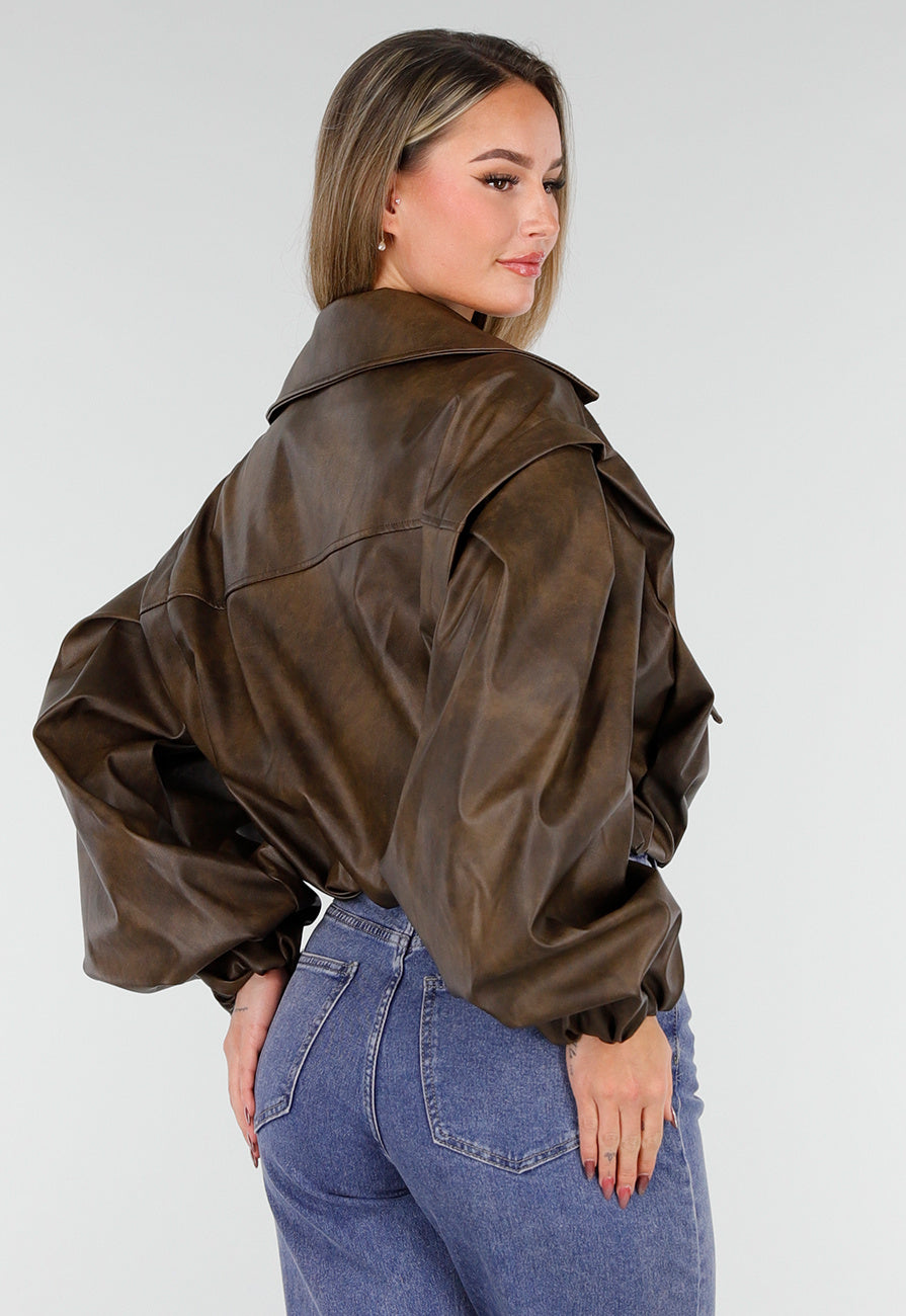 Bruin Oversized Faux Leather Jasje met Pofmouwen