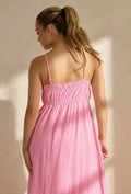 Roze Mousseline Maxi Jurk met Spaghettibandjes en Smokdetail
