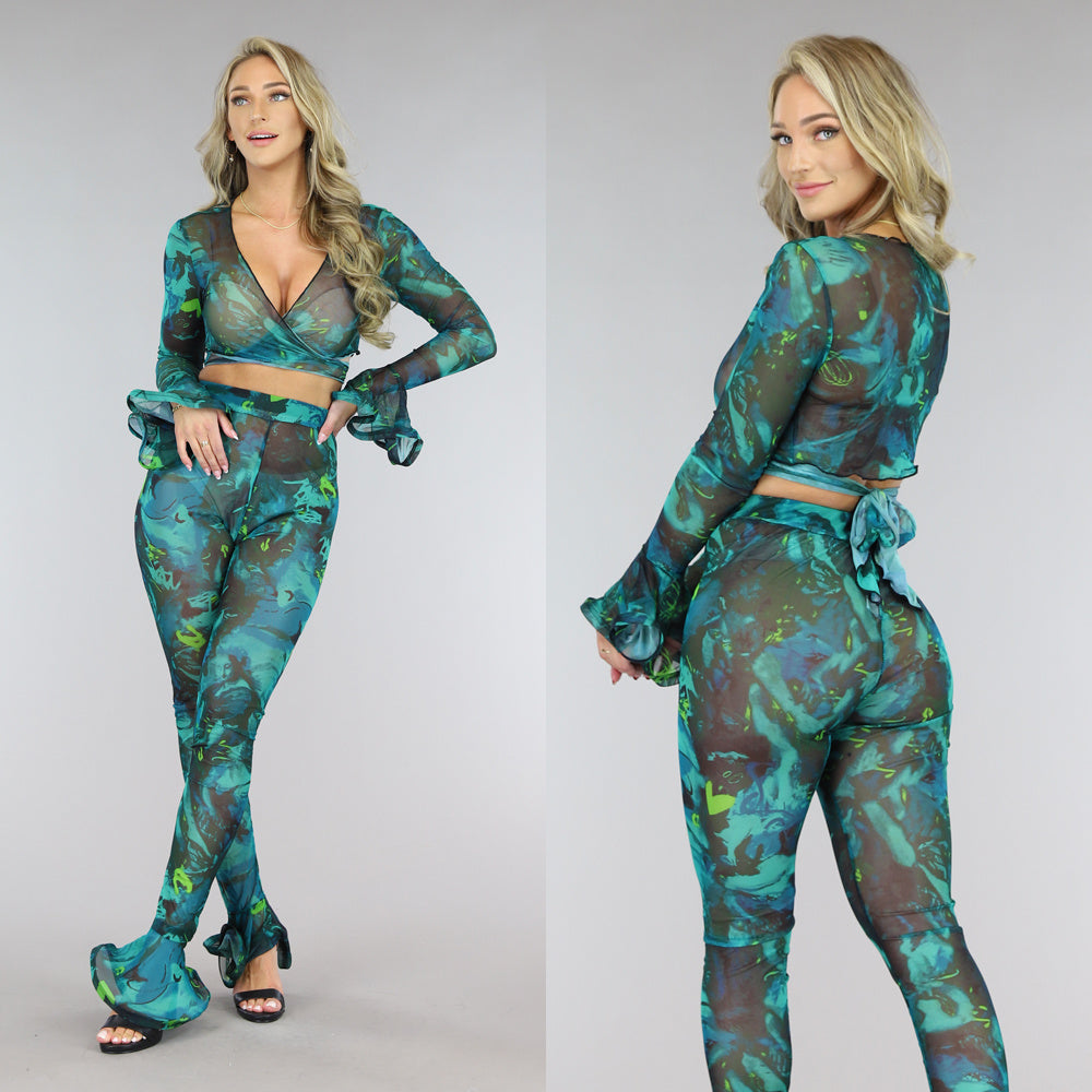Groene Flair Mesh 2-Piece met Omslag Top