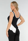 Zwart-Witte Stretch Top met Ronde Hals en Ruffle Detail aan de Zoom