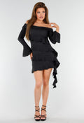 Zwarte Off-Shoulder Jurk Met Volants en Lange Mouwen