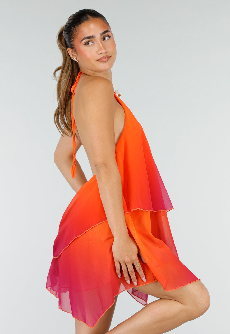 Oranje Roze Ombre Halter Jurk met Open Rug