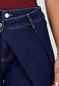 Donkerblauwe Wide Leg Jeans met Overslag Tailleband En Zakken