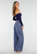 Donkerblauwe High Waist Wide Leg Jeans met Losse Pijpen