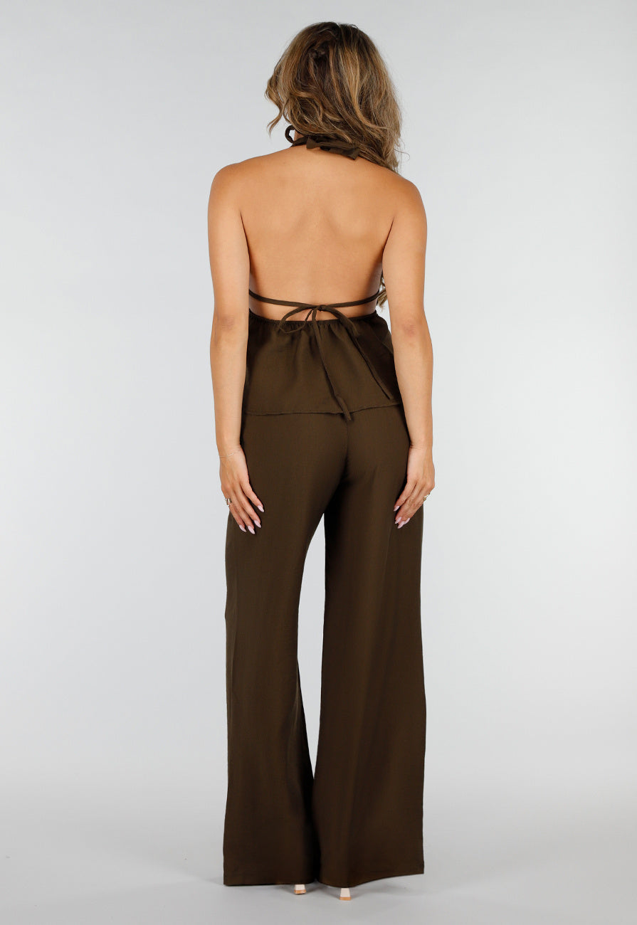 Bruine Halter Top en Wide Leg Broek Set