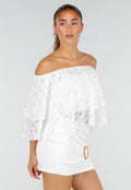 Witte Kanten Two Piece Set met Off Shoulder Top en Rok