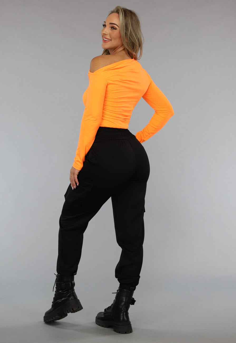 Oranje Longsleeve Top met Geplooid Effect