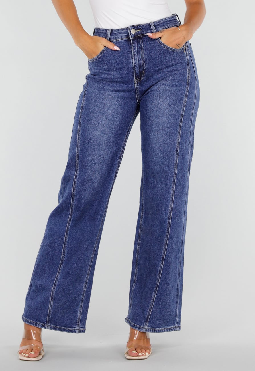 Blauwe High Waist Wide Leg Jeans met Sierstiksels en Zakken