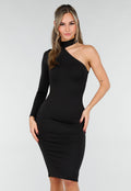 Zwarte One Shoulder Midi Jurk met Lange Mouw