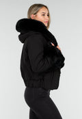 Zwarte Korte Winterjas met Afneembare Faux Fur Kraag en Manchetten