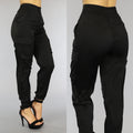 Zwarte High Waist Satin Cargo Broek