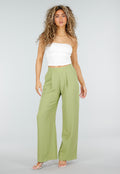 Groene Linnenlook Wide Leg Stretch Pantalon met Hoge Taille en Plooien