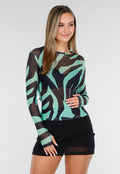 Groene Mesh Top met Zebraprint en Lange Mouwen