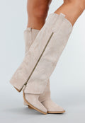 Beige Suède Look Cowboylaarzen met Stikseldetail
