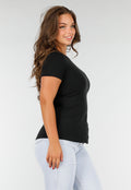 Zwart Stretch T-Shirt met Slim Fit, Ronde Hals en Zijsplit