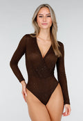 Bruine Glitter Body met Lange Mouwen en V-Hals