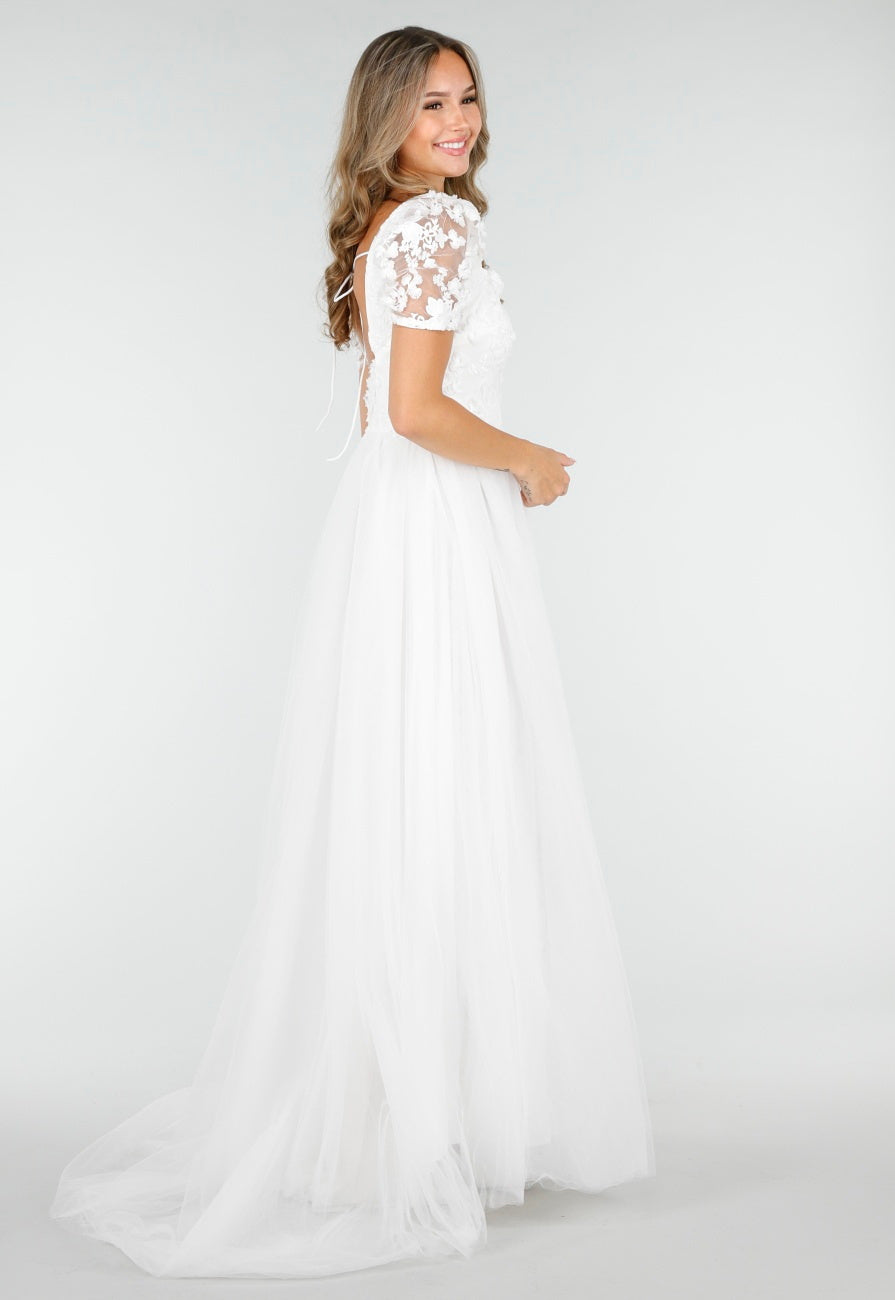 Witte Trouwjurk met Kanten Bloemen en Tule Rok