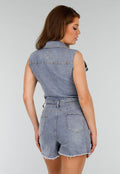 Mouwloze Blauwe Denim Stretch Playsuit met Ceintuur