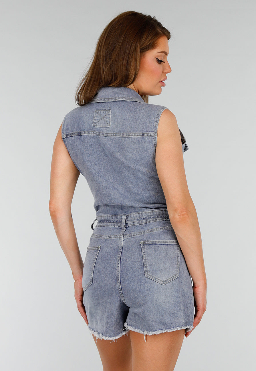 Mouwloze Blauwe Denim Stretch Playsuit met Ceintuur