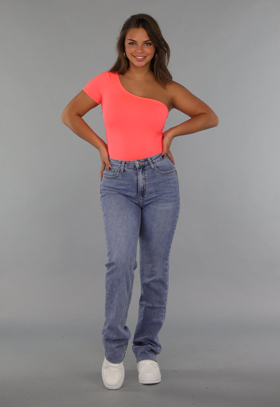 Neon Coral Bodysuit met One Shoulder