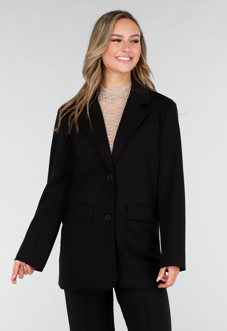 Zwarte Oversized Stretch Blazer met Schoudervullingen