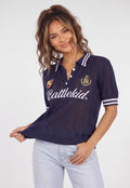 Donkerblauwe Gebreide Polo Top met Korte Mouwen en Opengewerkte Details