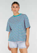 Roze Turquoise Gestreept T-shirt met Korte Mouwen en Ronde Hals