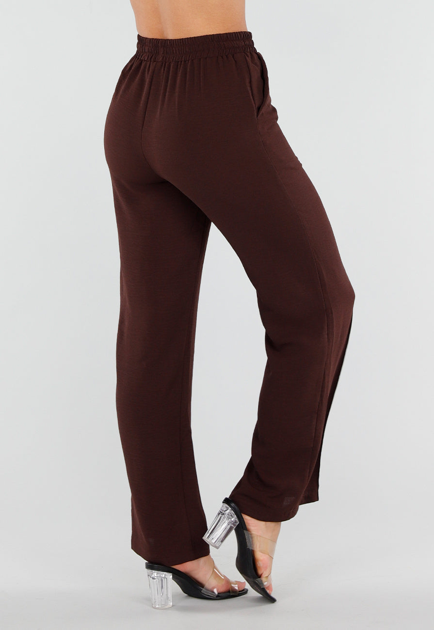 Bruine Wide Leg Broek met Elastische Taille en Strikkoord