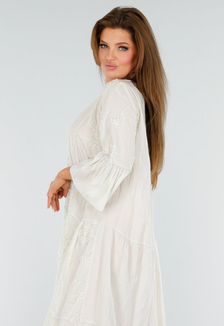 Beige Maxi-Jurk met Borduursels en Trompetmouwen in Linnenlook