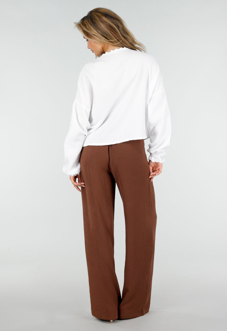 Bruine Wide Leg Broek met Elastische Taille en Plooien