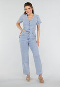 Redial Jeans  Petite Denim Jumpsuit met Cut-outs, Korte Mouwen  en Knopen